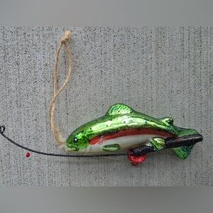 Vintage Glass Christmas Ornament Trout Fish Fishing Rod 7.5”